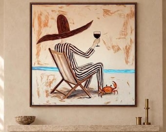 Coastal Figure Oil Painting, Original Beach Wall Art, Summer Lifestyle Canvas Art, Wine Decor, Vintage Seaside Artwork, Vacation Home Decor