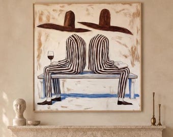 Two Figures Lifestyle Oil Painting,Original Fashion Wall Art,Wine Canvas Art,Reading Figure Decor,Retro Modern Home Artwork,Vintage Decor