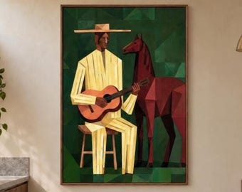 Music Cowboy Oil Painting, Original Guitar Wall Art, Horse Figure Canvas Art, Modern Lifestyle Decor, Artistic Vintage Home Artwork