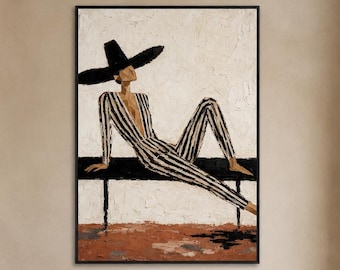 Vintage Fashion Oil Painting, Original Figure Wall Art, Black Hat Portrait Canvas Art, Retro Style Decor, Chic Interior Decor, Bedroom Decor