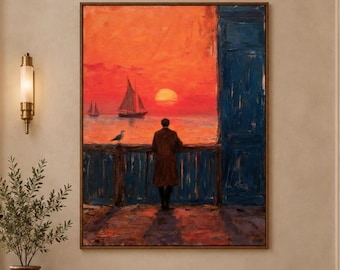 Coastal Sunset Oil Painting,Original Ocean Wall Art,Seaside Canvas Art, Sailboat Lifestyle Decor,Vintage Beach Home Artwork,Livingroom Decor