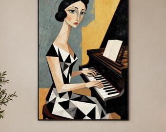 Piano Woman Oil Painting, Geometric Portrait Art, Original Music Canvas, Vintage Female Figure Artwork, Elegant Modern Home Wall Decor
