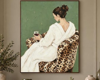Woman Wine Oil Painting, Relaxed Lady Artwork, Original Lifestyle Canvas, White Dress Figure Artwork, Elegant Home Wall Decor, Bedroom Decor