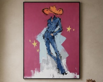 Cowgirl Oil Painting, Western Fashion Wall Art, Original Canvas Art, Denim Woman Portrait, Bold Figure Decor, Modern Statement Artwork