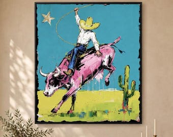 Cowboy Bull Rider Oil Painting, Original Western Figure Artwork, Colorful Rodeo Wall Art, Hand Painted Canvas Decor, Modern Home Style