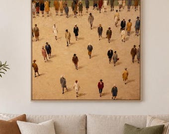 Vintage Beach Crowd Oil Painting, Original Fashion Figure Wall Art, Retro Seaside Canvas Art, Coastal Travel Decor, Warm Home Artwork