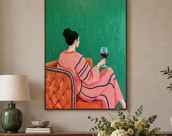 Woman Wine Oil Painting, Lifestyle Portrait Art, Original Pink Dress Canvas, Elegant Figure Artwork, Relaxed Interior Wall Decor, Cozy Decor