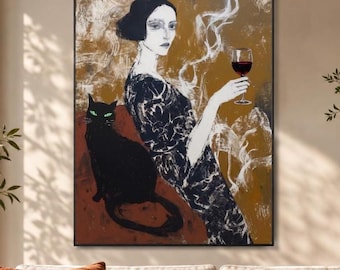 Vintage Woman Oil Painting, Black Cat Portrait Art, Original Wine Figure Canvas, Mysterious Feminine Artwork, Elegant Home Wall Decor