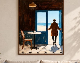 Man Walking to Beach Oil Painting, Original Coastal Wall Art, Blue Door Canvas Art, Vintage Seaside Cafe Decor, Summer Home Artwork