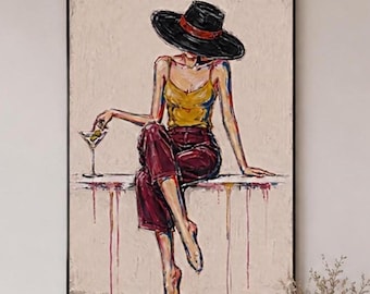 Elegant Woman Oil Painting,Black Wide Brim Hat Portrait,Martini Figure Wall Art,Burgundy Pants Canvas,Retro Canvas,Modern Home Decor Art