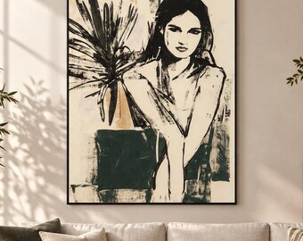 Abstract Woman Oil Painting, Botanical Portrait Art, Original Feminine Canvas, Modern Vintage Figure Artwork, Minimal Elegant Wall Decor