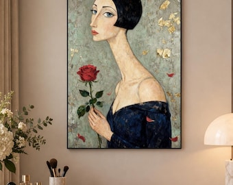 Vintage Woman Oil Painting,Rose Portrait Art,Original Feminine Canvas,Elegant Black Dress Artwork,Romantic Figure Wall Decor,Bedroom Decor