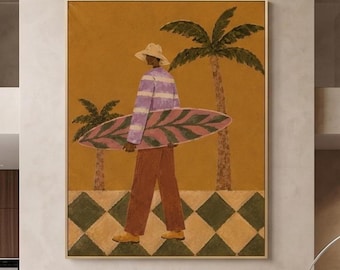 Surfer Figure Oil Painting, Tropical Coastal Wall Art, Original Surfboard Canvas, Palm Tree Artwork, Retro Canvas, Summer Beach Wall Decor