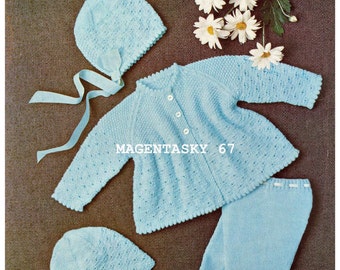 Baby cardigan bonnet helmet leggings set knitting pattern newborn vintage PDF instant download