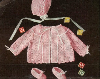 Vintage Crochet Baby Set Pattern: Cardigan, Bonnet, Booties (PDF Download)