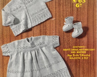 Vintage knitting pattern baby matinee coat dress bootees birth to three months