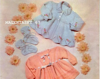 Vintage Baby Cardigan Set Knitting Pattern: Embroidered & Ribbon Tie (PDF Download)