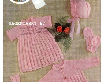 Vintage Baby Cardigan Set Knitting Pattern: Bonnet, Dress, Booties, Mittens (PDF Download)