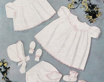 Vintage baby knitting pattern set – cardigan, bonnet, dress, booties, mittens (PDF download)