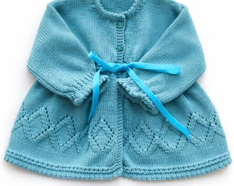 Hand knitted baby cardigan jacket matinee coat turquoise 6 months upwards