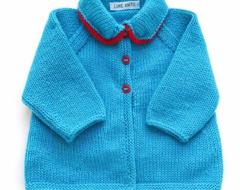 Hand knitted baby cardigan jacket matinee coat turquoise red contrast 0-6 months