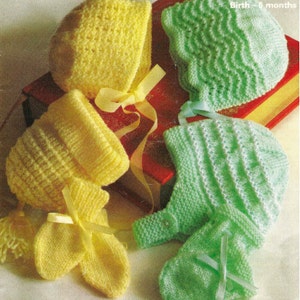 Baby bonnet helmet hat bobble hat mittens set newborn knitting pattern vintage PDF instant download double knitting 4 ply Marriner