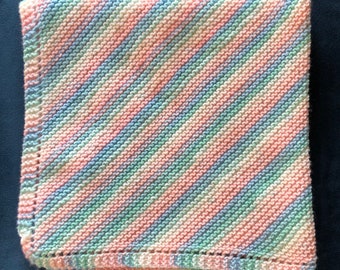 Hand Knit Pastel Rainbow Baby Blanket, Vegan Acrylic (60x60cm)
