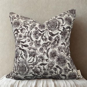 Floral Print Cotton Cushion Cover: Espresso Brown, Boho Farmhouse Decor