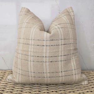 Beige Striped Handwoven 100% Cotton - Beige Checked Pattern and Black Hand-Loomed detail - Textured Cushion Cover 45 x 45 cm / 18 inch