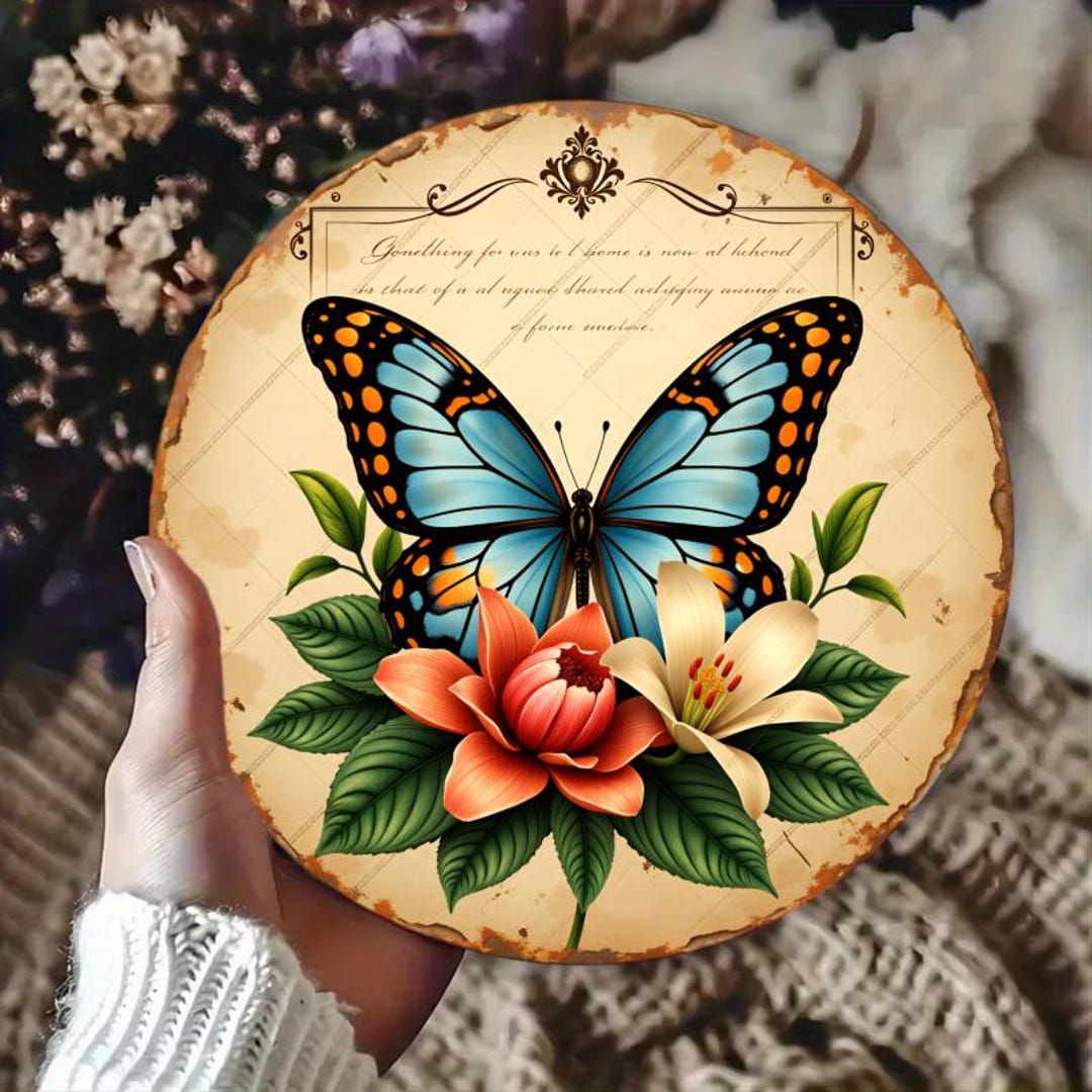 Blue Morpho Butterfly Sign Decor,pink Lotus Bloom Metal Sign,elegant ...