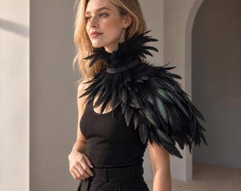 Black One Shoulder Feather Shawl Cape | Gothic Feather Wrap | Witch Costume | Bird Costume | Stage Performance Costume | Halloween Costume