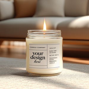 May include: A lit soy wax candle in a clear glass jar. The label reads "CANDLE COMPANY" and "your design here". The candle is on a light-colored rug in front of a beige sofa. The burn time is 40 hours, and the net weight is 200 g.