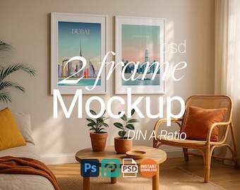 May include: A mockup featuring two framed art prints with cityscapes of Dubai and Hong Kong. The scene includes a sofa, a wicker chair with an orange pillow, a round wooden table, and potted plants. Text overlay reads "2 Frame Mockup".