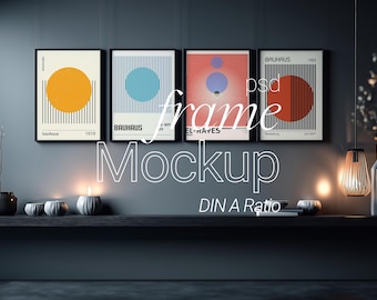 Four Black Frame Mockup PSD: Multiple Minimal Gallery Wall Poster Display