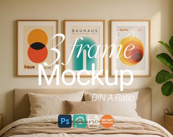 3 Frame Mockup Scandinavian Bedroom Poster Display Wooden Wall Art Minimal Interior PSD Download