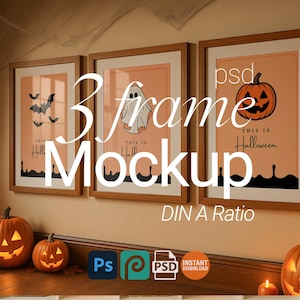 Può includere: Un mockup a tema Halloween con tre stampe incorniciate, ognuna con un'illustrazione spettrale diversa. Le stampe presentano una silhouette di pipistrello, un fantasma e una zucca intagliata su sfondo arancione. Sono visibili anche zucche intagliate e il testo "This is Halloween".