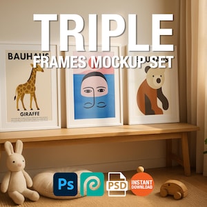 Triple Frame Mockup Nursery Interior Poster Display White Wall Art Minimal PSD Download