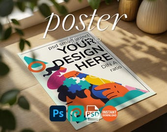 Flat Lay Vertical Poster Mockup Sunlit Desk Scene DIN A Ratio Smart Object Template