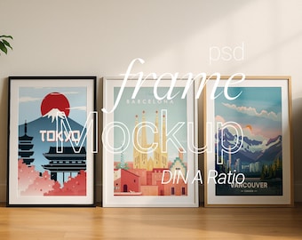 Three Living Room Frame Mockup: Minimalist Scandinavian Triple Gallery Wall Art Display