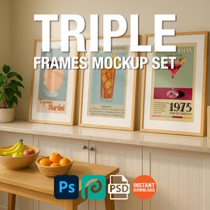 3 Frame Mockup Kitchen Poster Display Wooden Wall Art Minimal Interior PSD Download