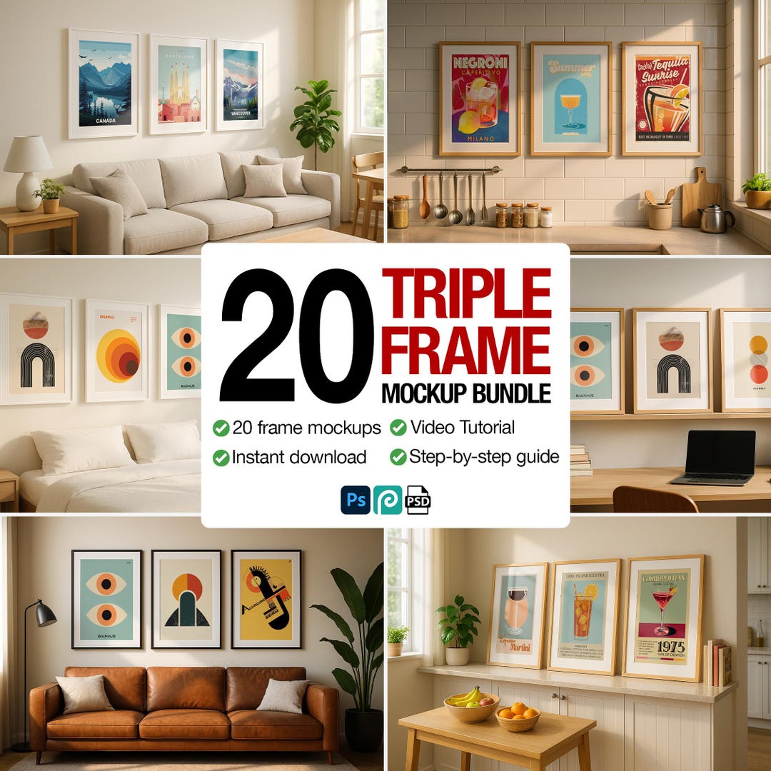 Three Frame Mockup PSD Bundle Set of 3 Posters Triple Image Wall Art ...