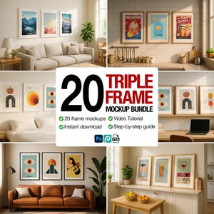 Three Frame Mockup PSD Bundle Set of 3 Posters Triple Image Wall Art Display
