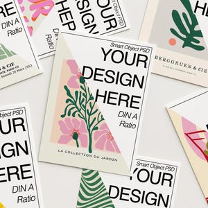 May include: A collection of art prints with abstract botanical and cocktail illustrations. Each print features the text "YOUR DESIGN HERE" and "DIN A Ratio". Some prints include the text "BERGGRUEN & CIE" and "LA COLLECTION DU JARDIN".