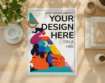 Flat Lay Vertical Poster Mockup Sunlit Scene DIN A Ratio Smart Object Template