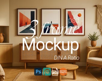 May include: A mockup featuring three framed art prints with abstract designs in a living room setting. The frames are brown, and the art features geometric shapes and figures. The scene includes a wooden cabinet, a round table, and a rug. Text on the image reads "3 frame Mockup DIN A Ratio".