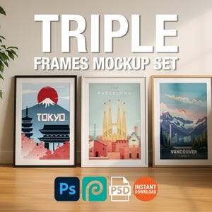 3 Frame Mockup Living Room Wall Art Poster Frame PSD Digital Download