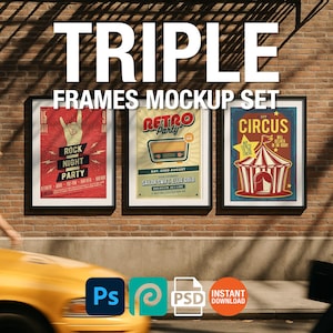 3 Urban Black Frame Poster Mockup Three Vertical Wall Art Digital PSD Download