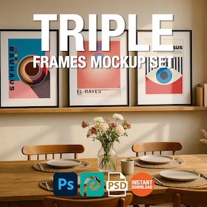 3 Frame Mockup Dining Room Poster Display Wall Art Minimal Home Interior PSD Digital Download