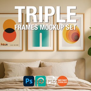 3 Frame Mockup Scandinavian Bedroom Poster Display Wooden Wall Art Minimal Interior PSD Download