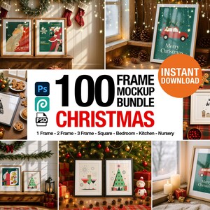 Könnte beinhalten: Eine Sammlung von gerahmten Weihnachtskunst-Drucken und Mockups. Die Bilder zeigen festliche Designs, darunter ein rotes Auto, Weihnachtsbäume und Weihnachtsgrüße. Der Text "100 Frame Mockup Bundle Christmas" ist ebenfalls sichtbar.